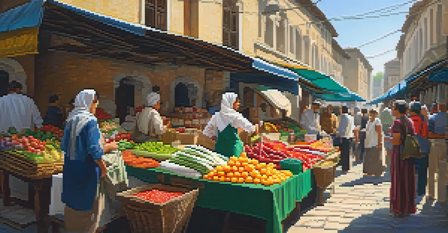A lively Georgian market filled with colorful produce and handmade crafts, bustling with people.