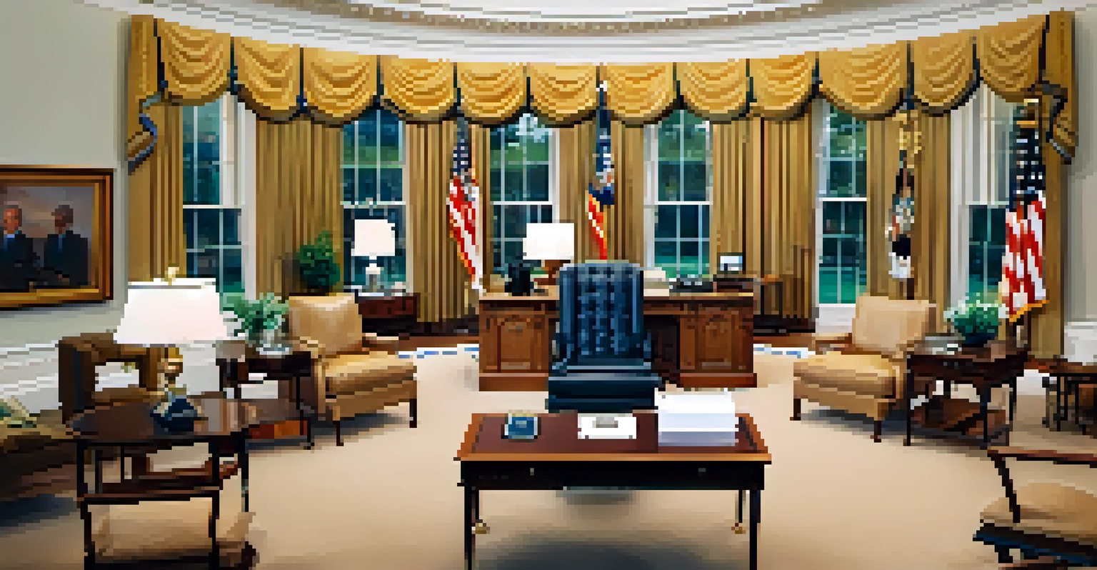 An interior of a replica Oval Office with authentic furnishings and soft lighting, showcasing historical artifacts.