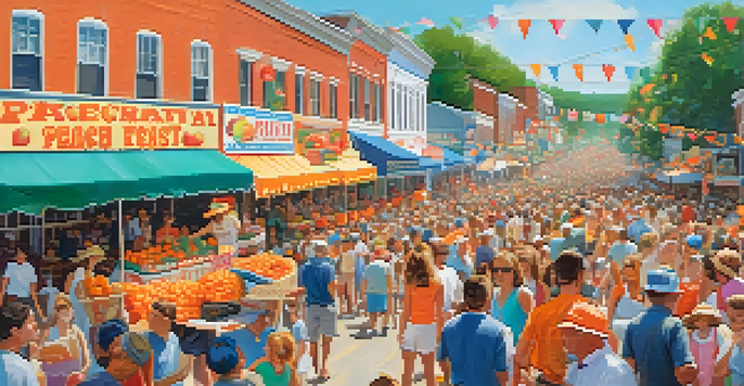 A lively parade at the Georgia Peach Festival, featuring floats adorned with peaches and a happy crowd celebrating under a sunny sky.