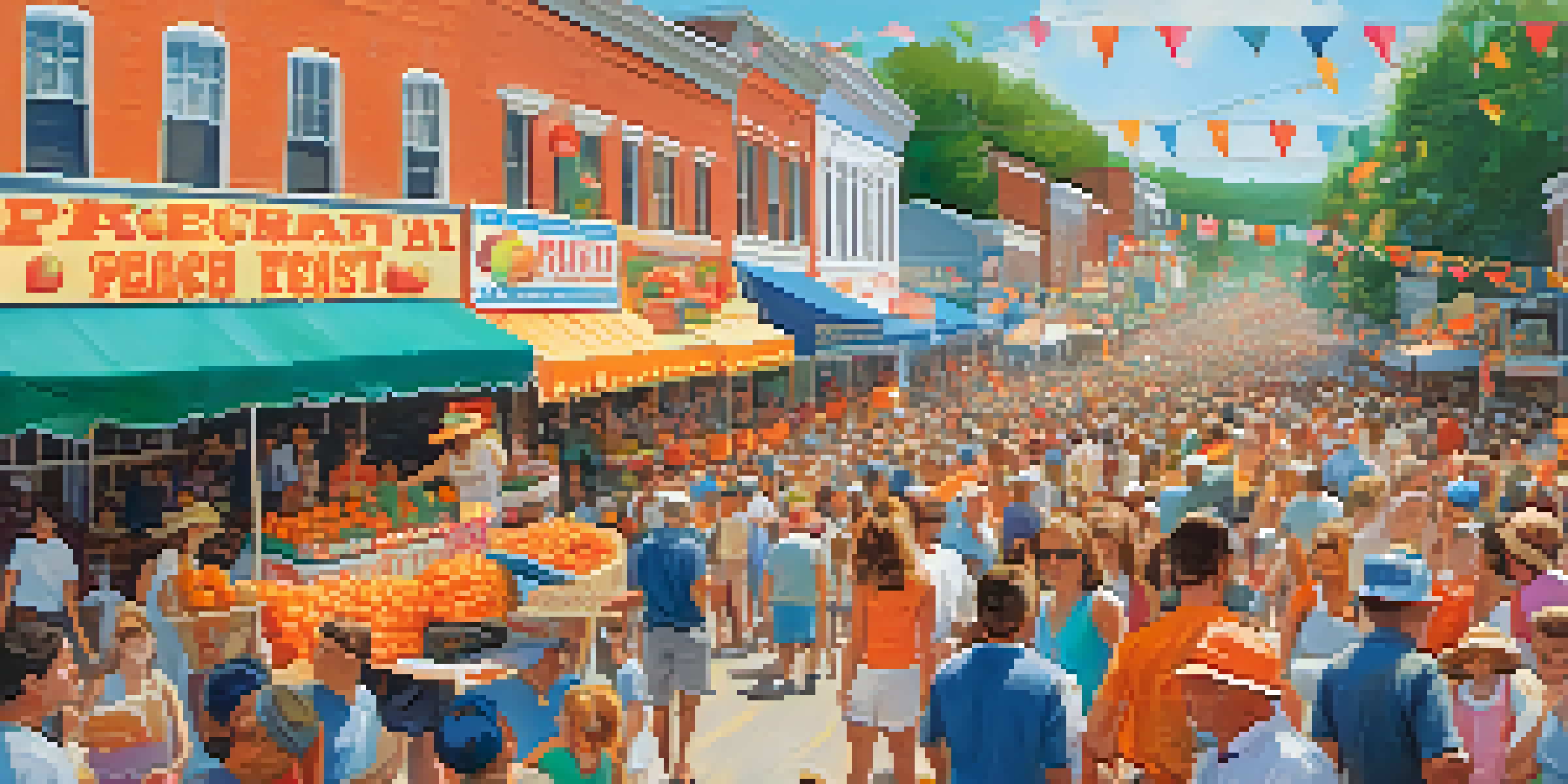 A lively parade at the Georgia Peach Festival, featuring floats adorned with peaches and a happy crowd celebrating under a sunny sky.