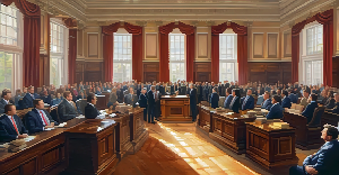 A diverse group of lawmakers debating in a legislative chamber, with the state emblem visible and warm lighting illuminating the scene.