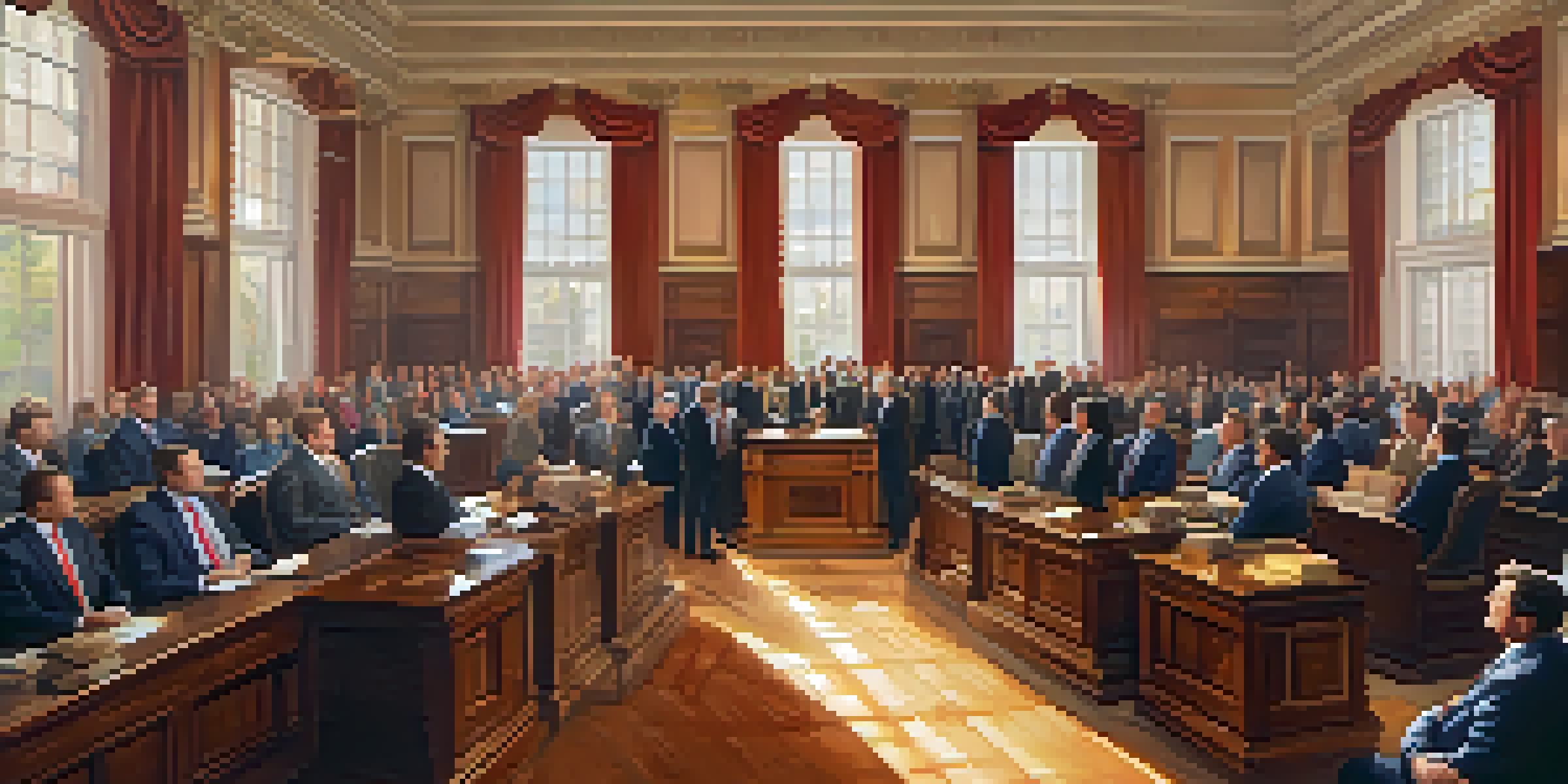 A diverse group of lawmakers debating in a legislative chamber, with the state emblem visible and warm lighting illuminating the scene.