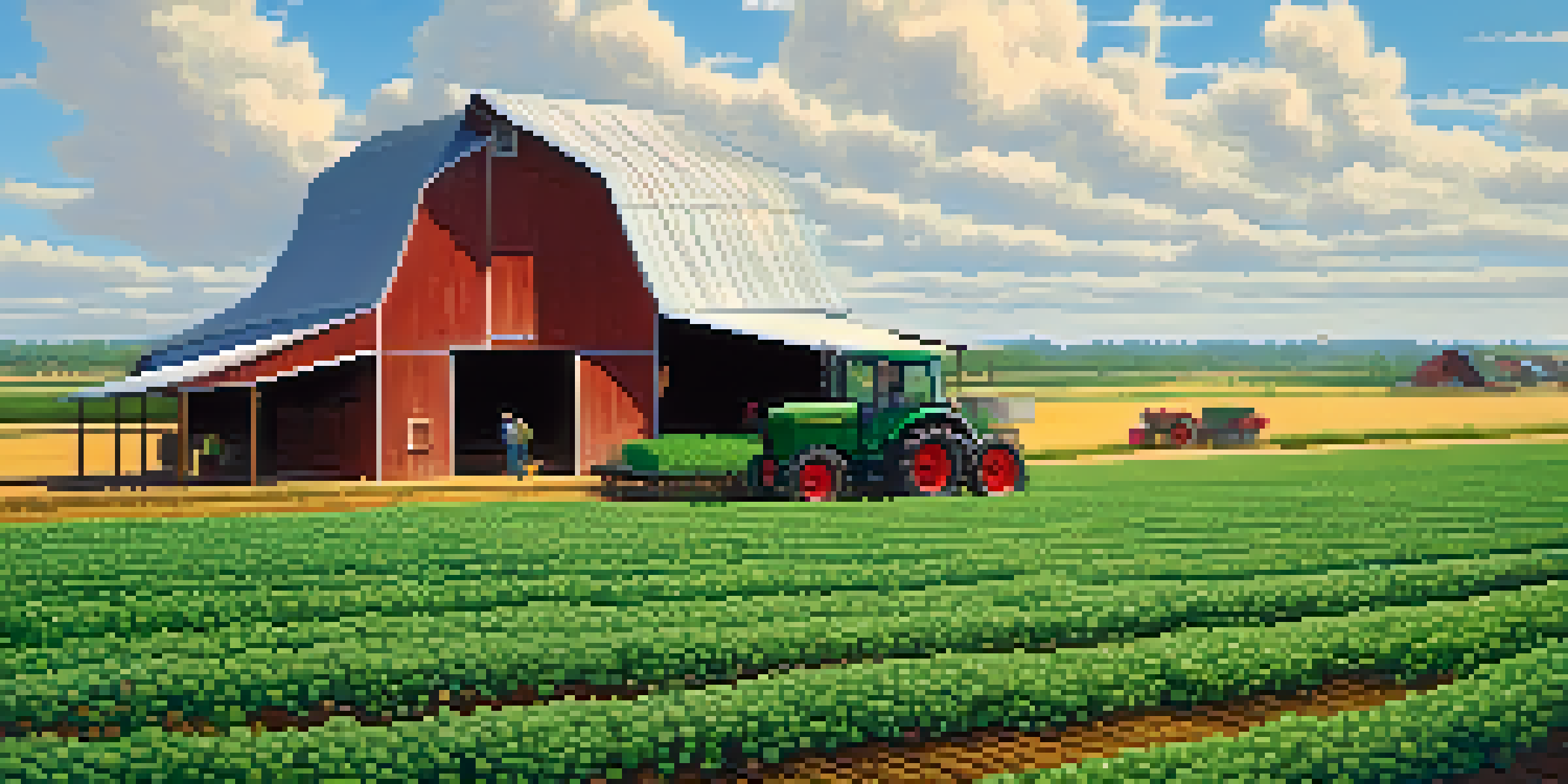 A farmer inspecting green cotton plants in a field, with a rustic barn and tractor in the background under a clear blue sky.