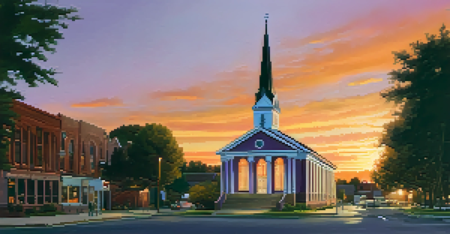 Exterior view of Tabernacle Church at sunset with a soaring steeple and people gathered outside.