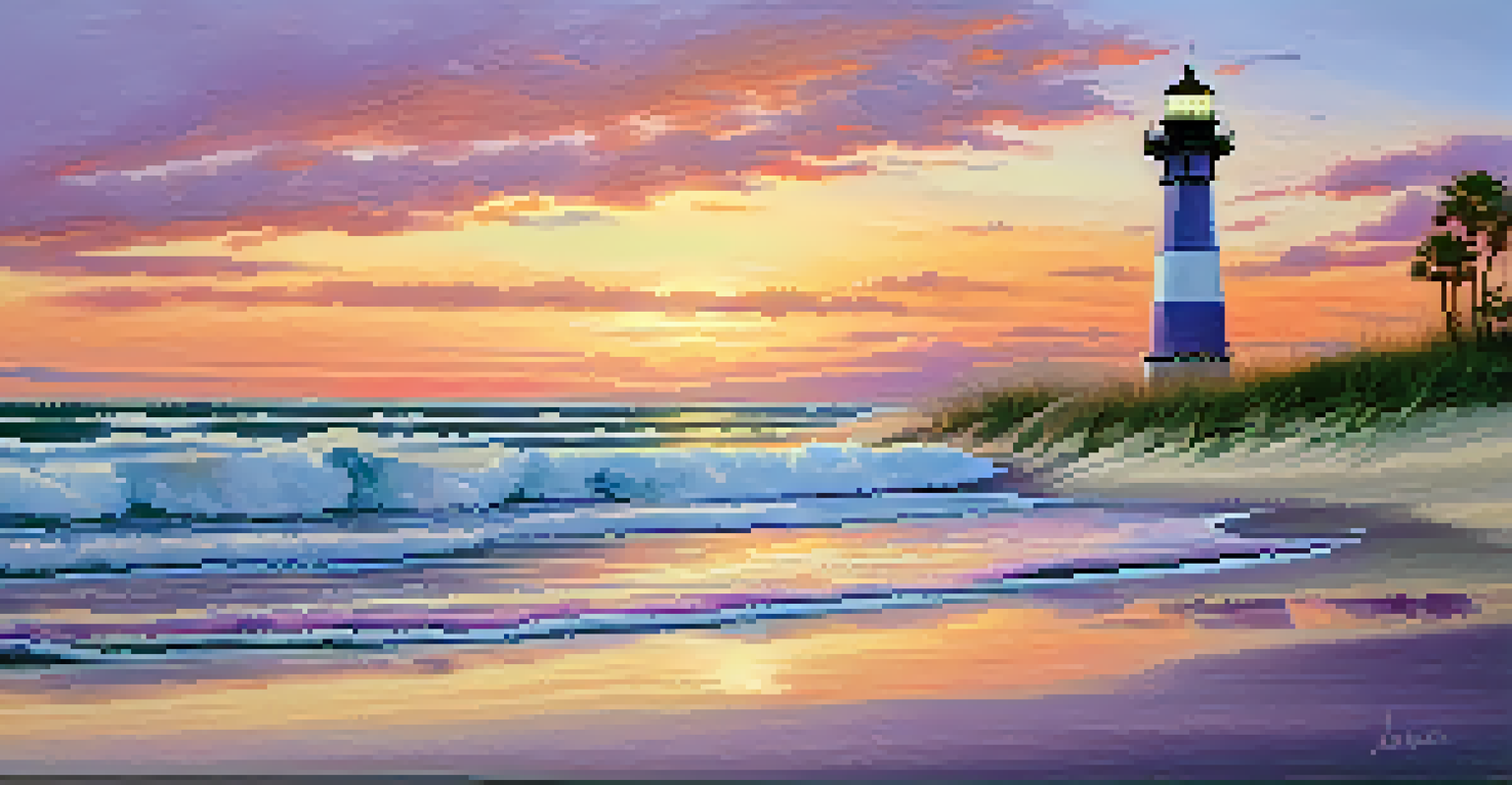 A serene beach at Tybee Island with golden sands, gentle waves, and a lighthouse under a colorful sunset sky.