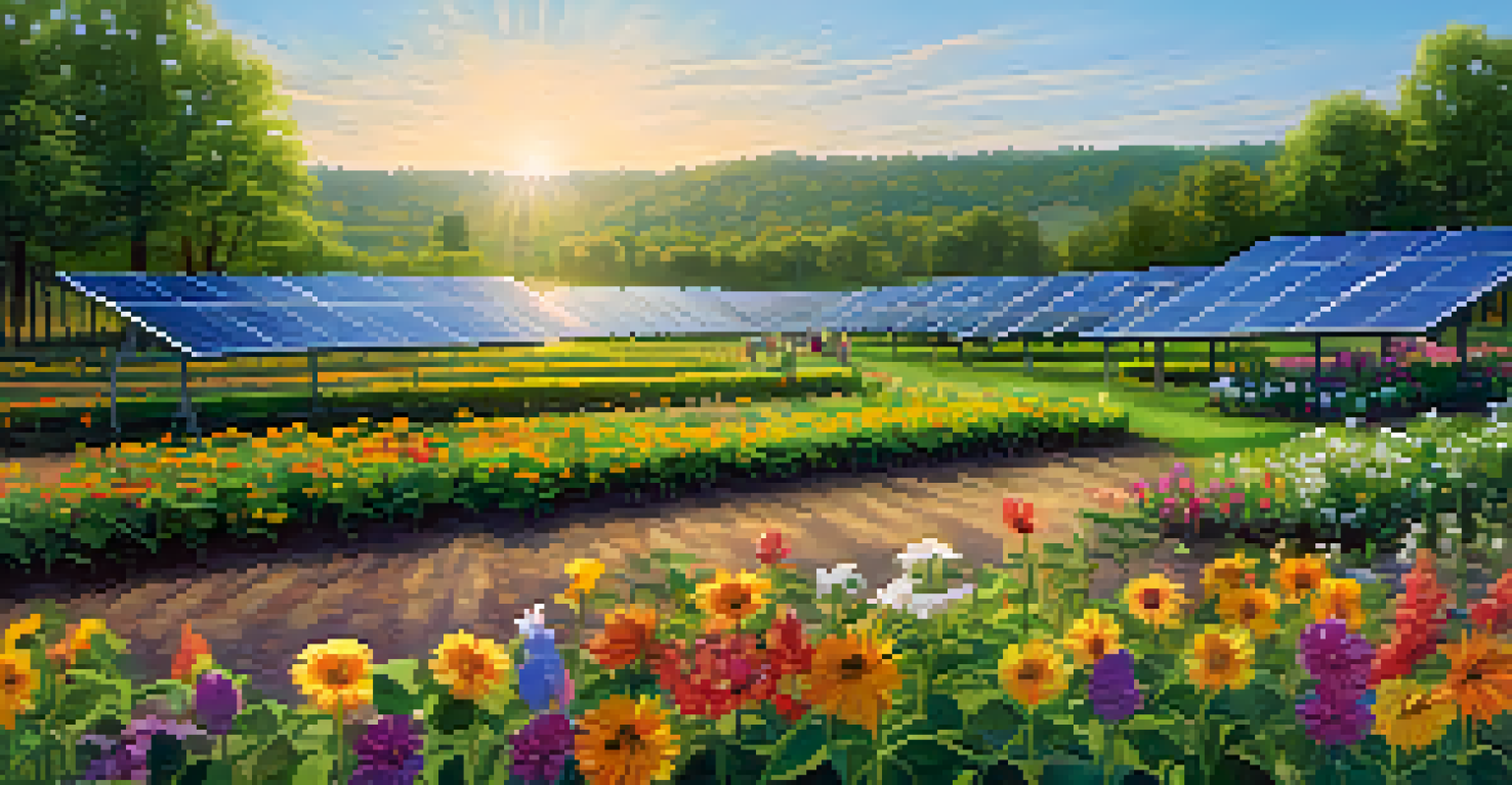 Families enjoying a picnic in a community solar garden in Georgia, surrounded by blooming flowers and solar panels.