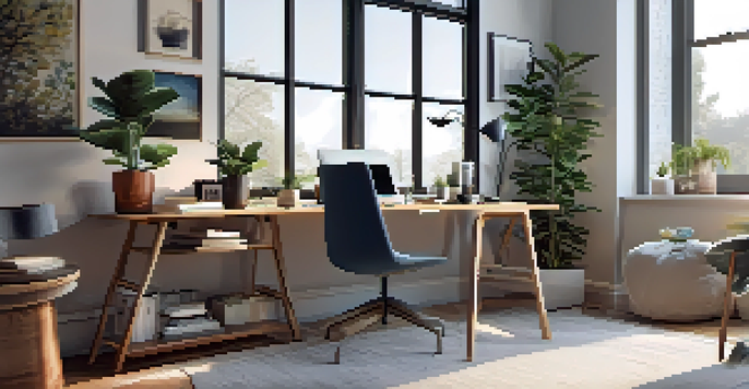 A modern home office with a desk, laptop, plants, and natural light streaming in from a large window.