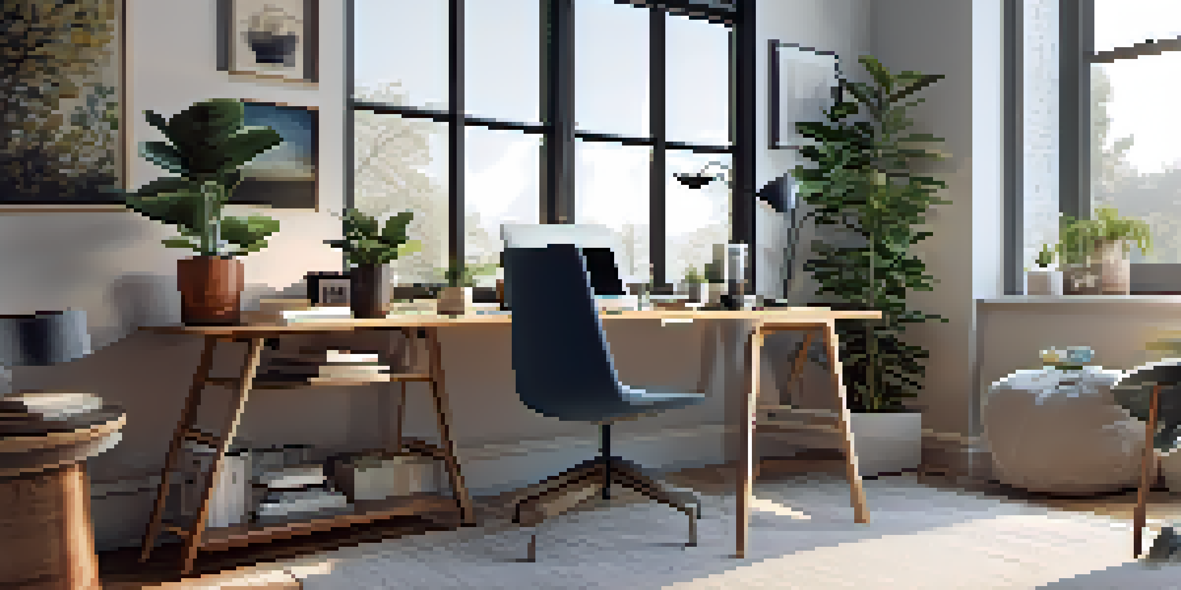 A modern home office with a desk, laptop, plants, and natural light streaming in from a large window.