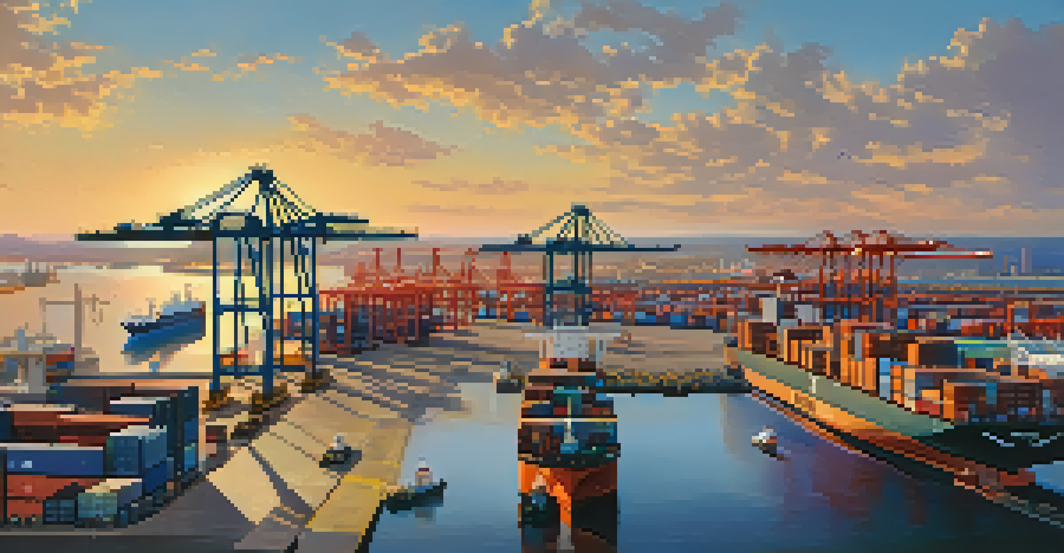An aerial view of the Port of Savannah during sunset, showing large container ships and colorful shipping containers against the blue water.
