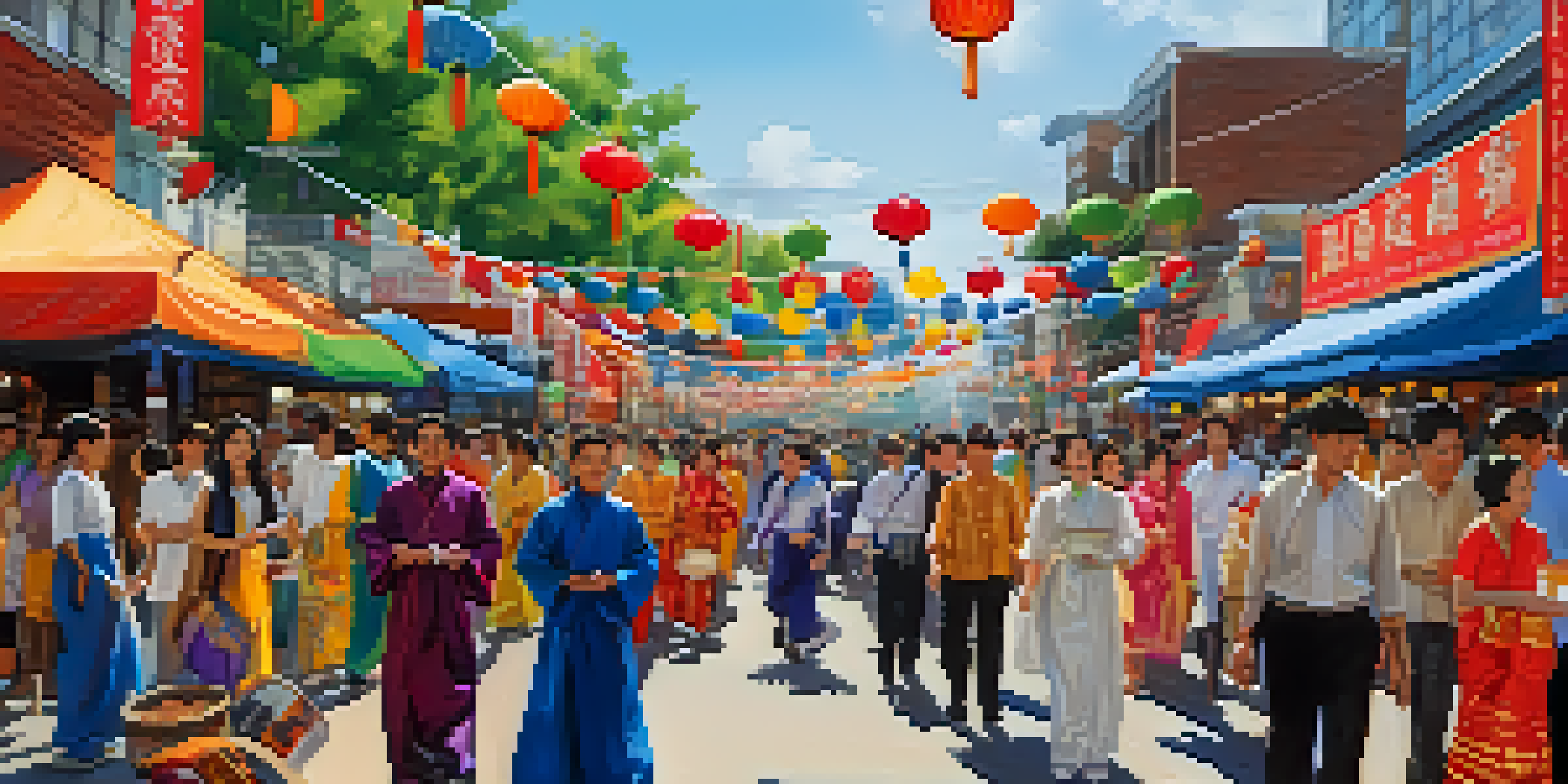 A lively street scene at the Atlanta Asian Festival featuring colorful decorations, performers in traditional attire, and diverse food stalls with a crowd enjoying the festivities.