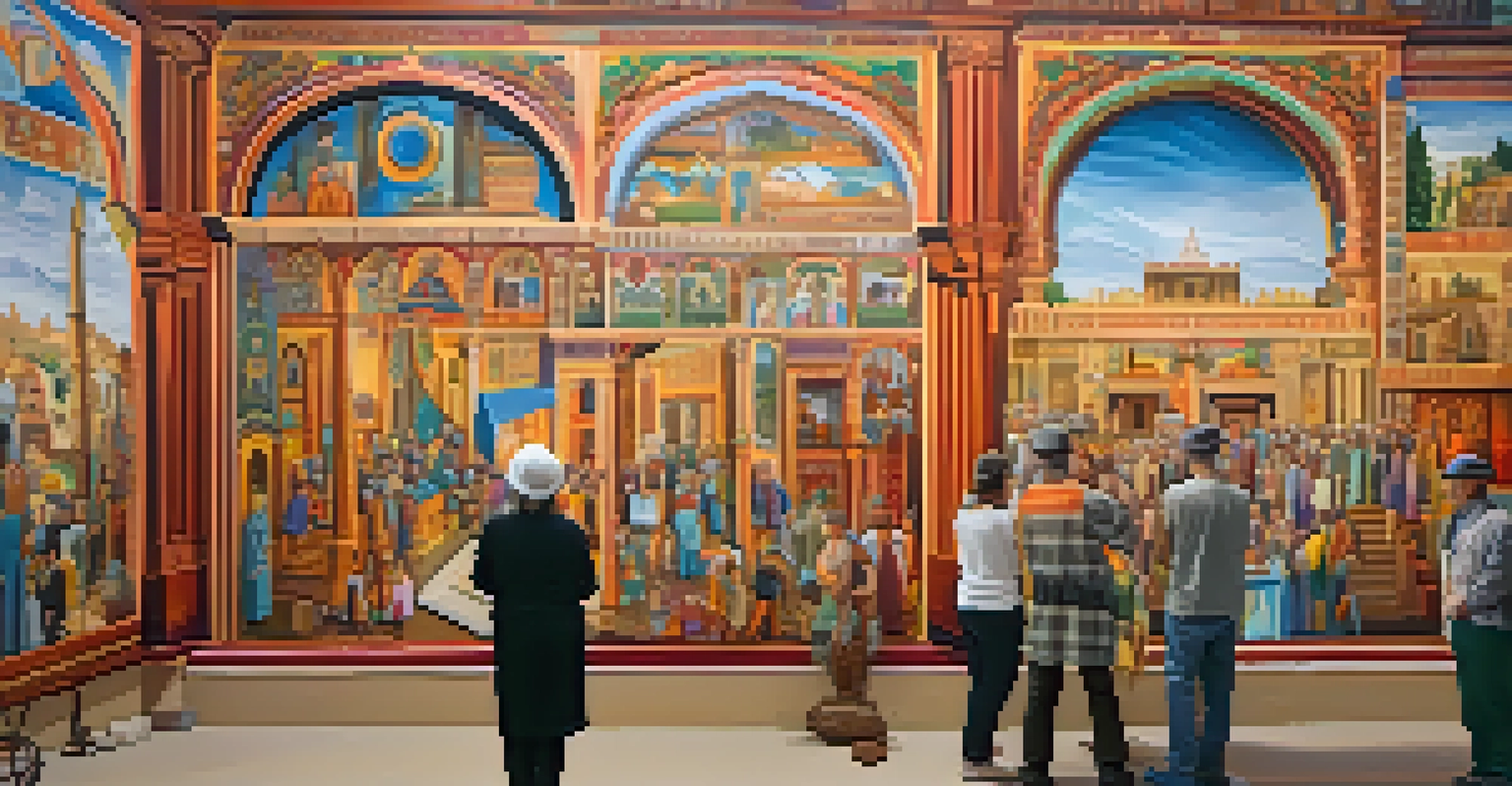 An artist creating a mural that showcases Jewish history and culture, surrounded by vibrant colors and intrigued onlookers.