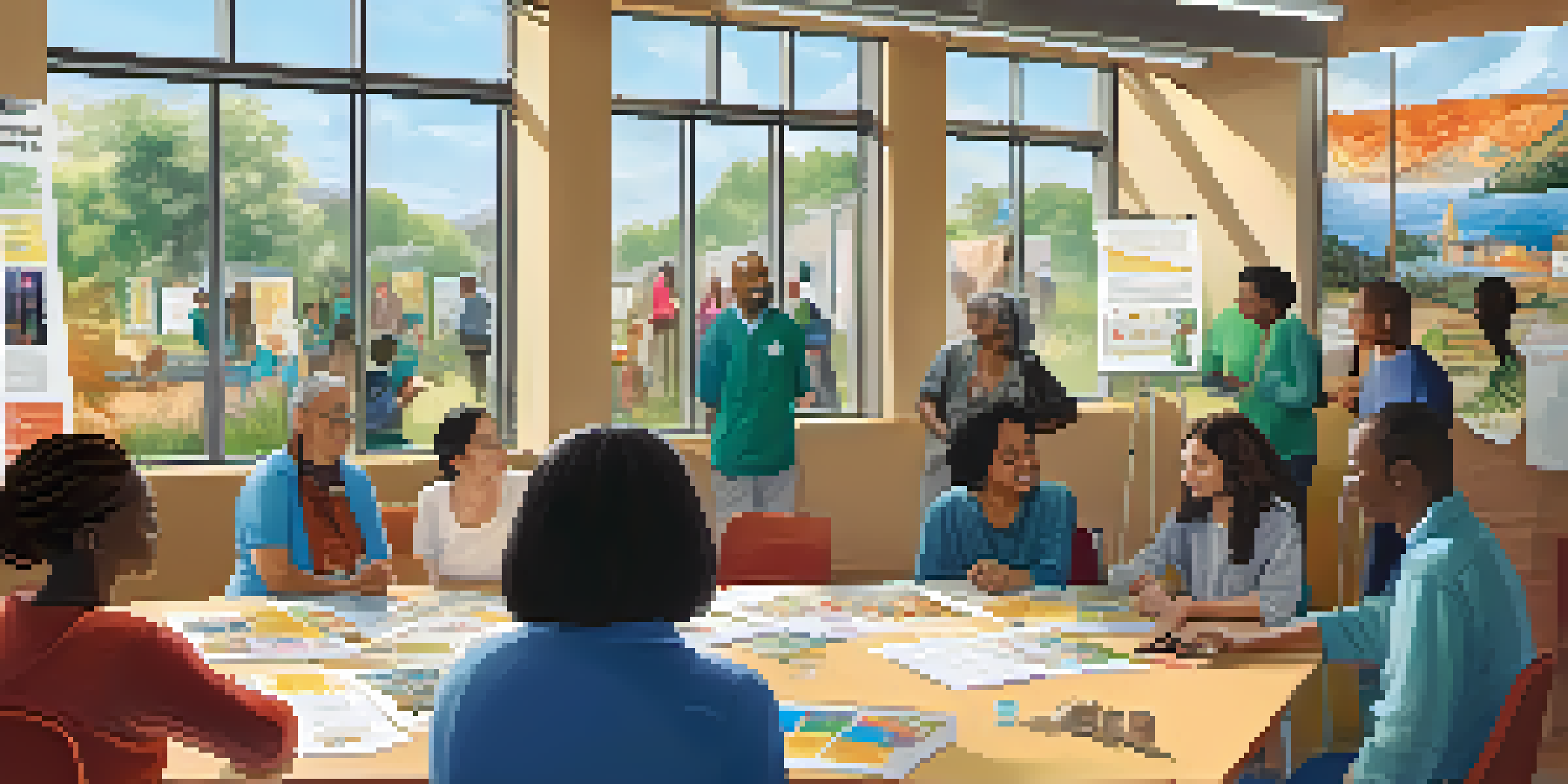 A community workshop with diverse residents discussing disaster preparedness, colorful posters on the walls, and natural light coming through the windows.