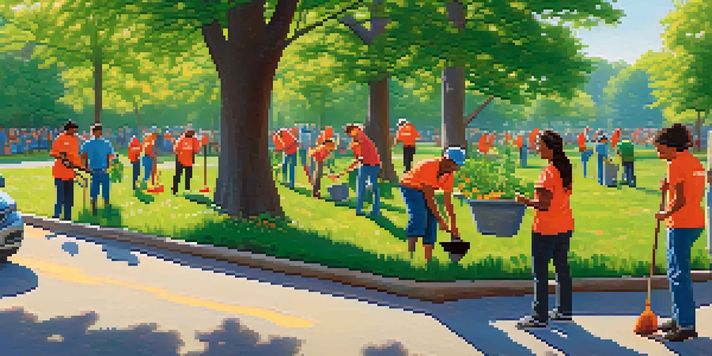 A diverse group of volunteers planting trees and cleaning up a park, showcasing teamwork and community engagement under a sunny sky.