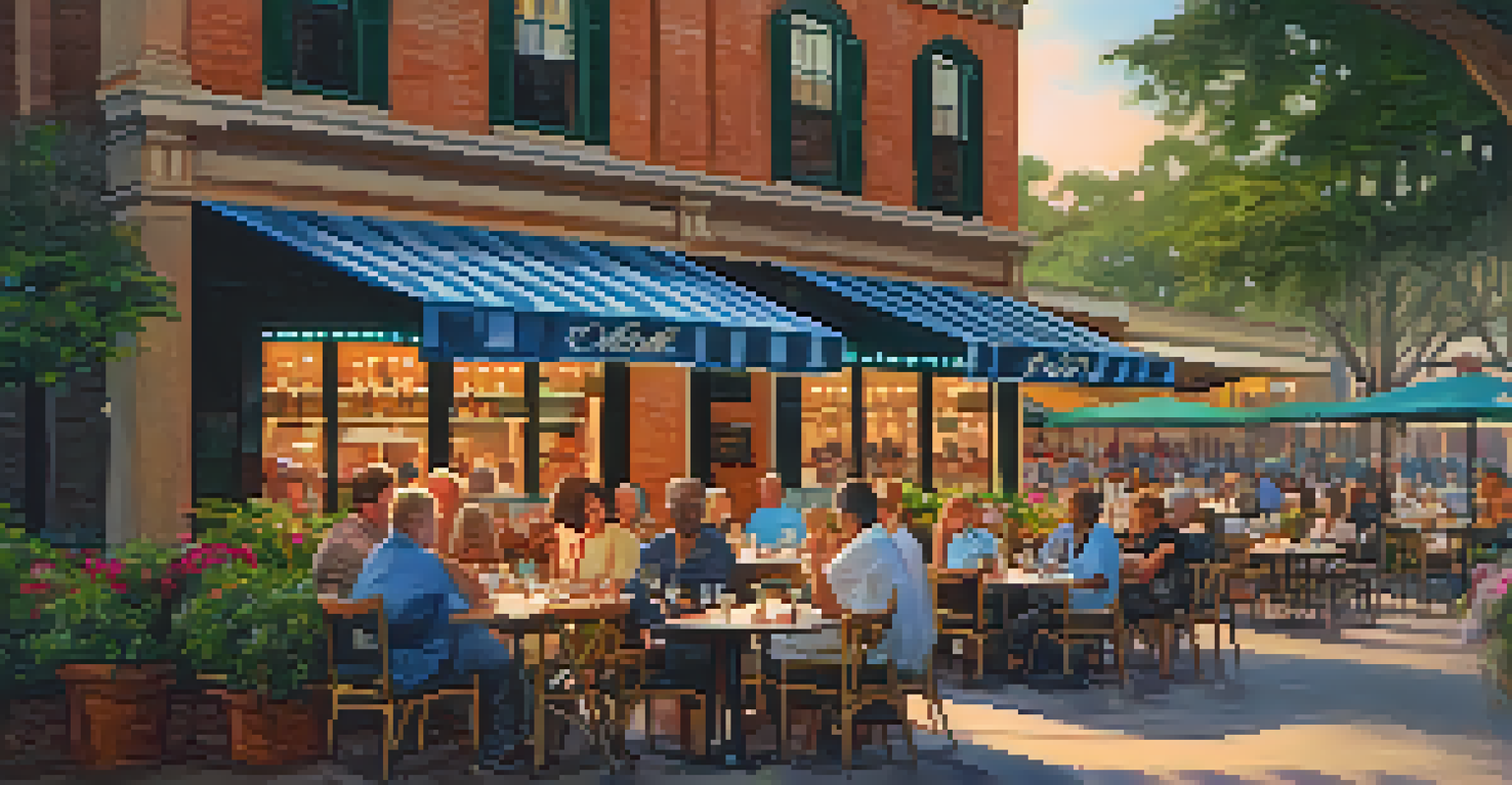 An outdoor café scene with diners enjoying food and drinks at tables, surrounded by greenery, under warm evening light.