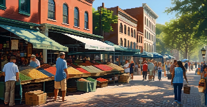 A lively marketplace with cobblestone streets, colorful shops, and people interacting, under bright sunlight.