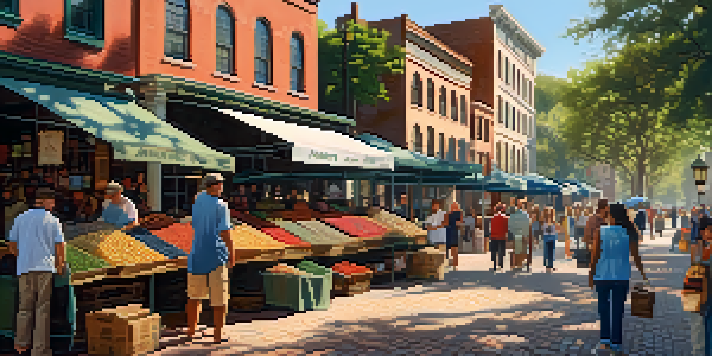 A lively marketplace with cobblestone streets, colorful shops, and people interacting, under bright sunlight.
