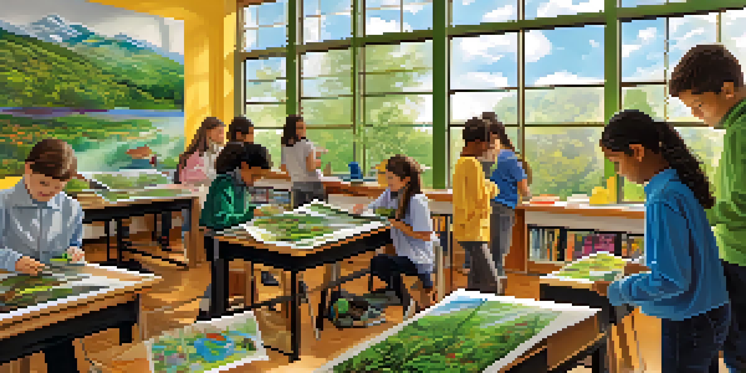 A diverse group of students in a brightly lit classroom engaged in hands-on environmental education activities, examining soil and plants.