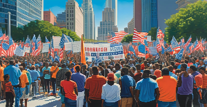 A lively political rally in Atlanta with diverse people holding banners for voting rights, modern buildings in the background, and a clear blue sky.