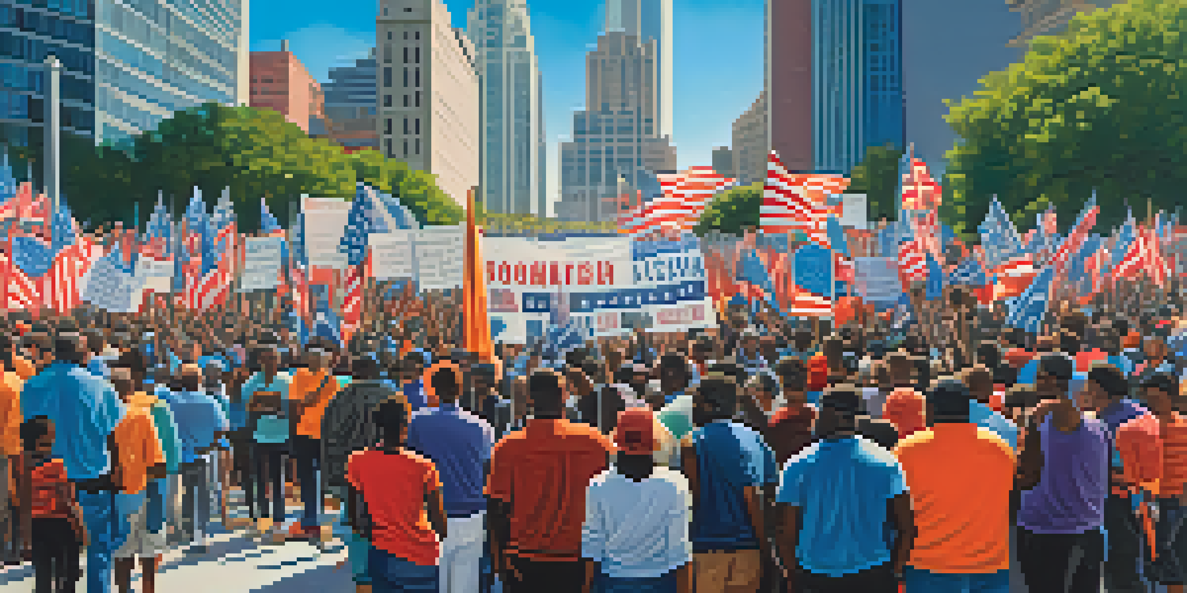 A lively political rally in Atlanta with diverse people holding banners for voting rights, modern buildings in the background, and a clear blue sky.
