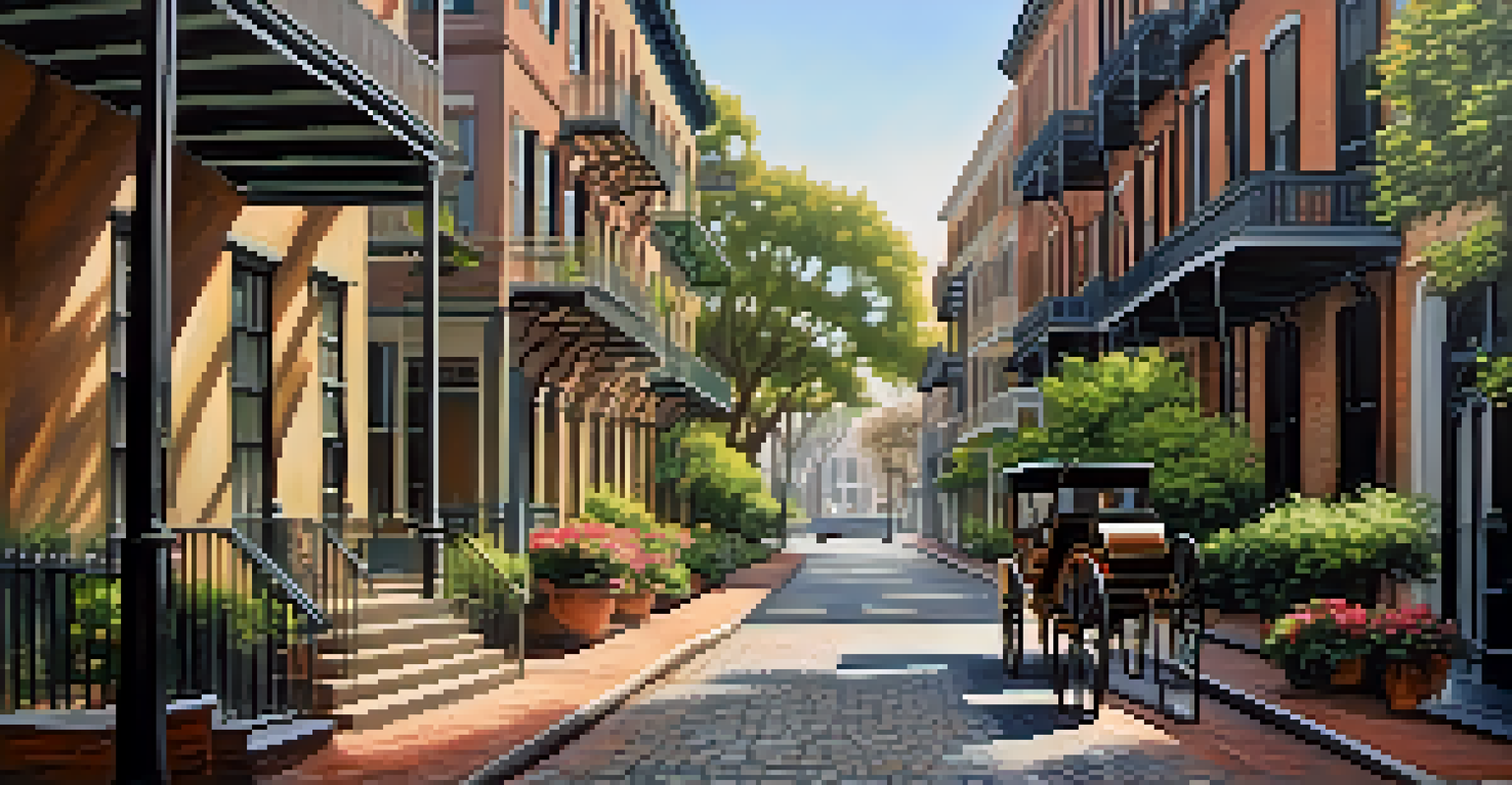 A cobblestone street in Savannah's historic district, flanked by historic buildings and a horse-drawn carriage in the morning light.