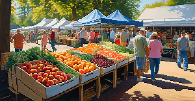 A lively farmers' market filled with colorful fruits and vegetables, people shopping, and rustic stalls under sunlight.