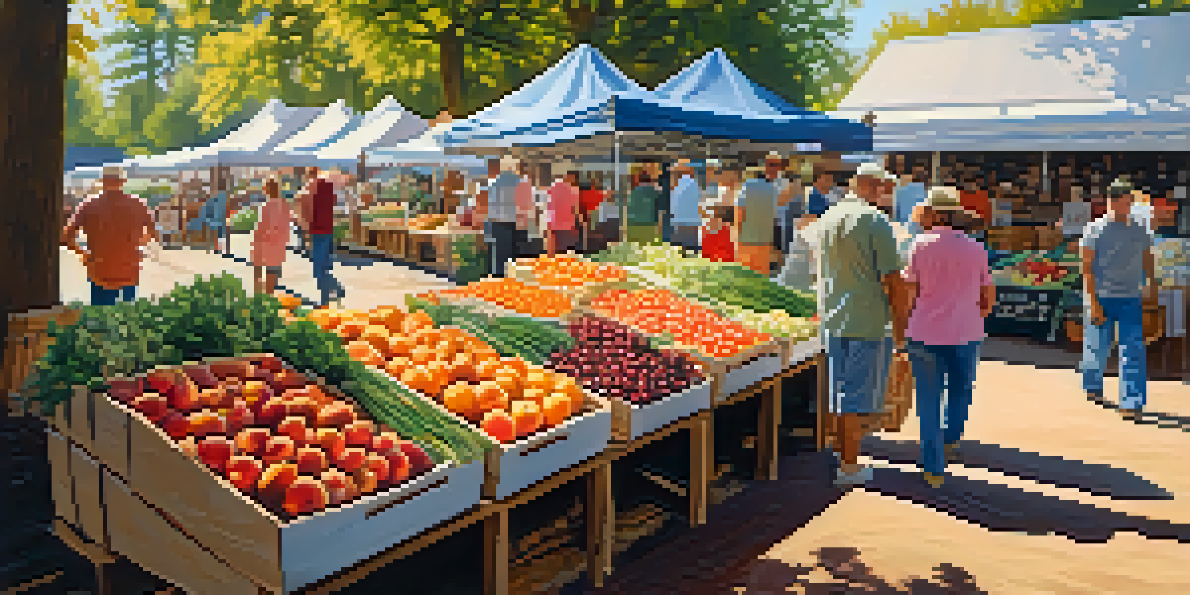 A lively farmers' market filled with colorful fruits and vegetables, people shopping, and rustic stalls under sunlight.