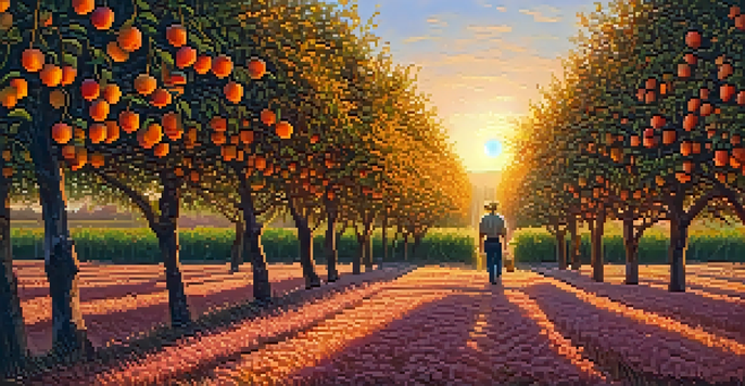 A peaceful peach orchard in Georgia at sunset, with a farmer inspecting ripe peaches on trees under a colorful sky.