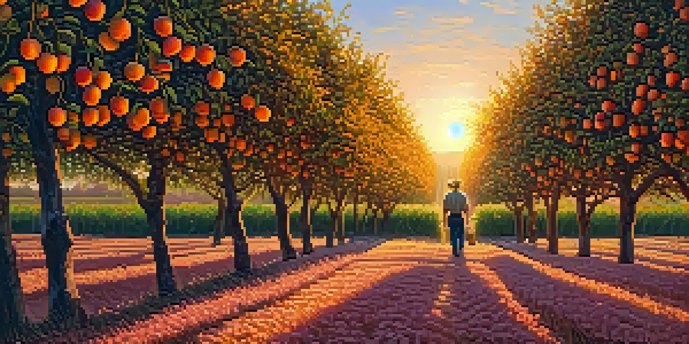A peaceful peach orchard in Georgia at sunset, with a farmer inspecting ripe peaches on trees under a colorful sky.