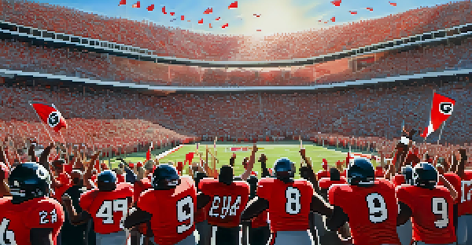 A bustling college football stadium filled with enthusiastic fans in red and black jerseys, celebrating a game day at the University of Georgia.