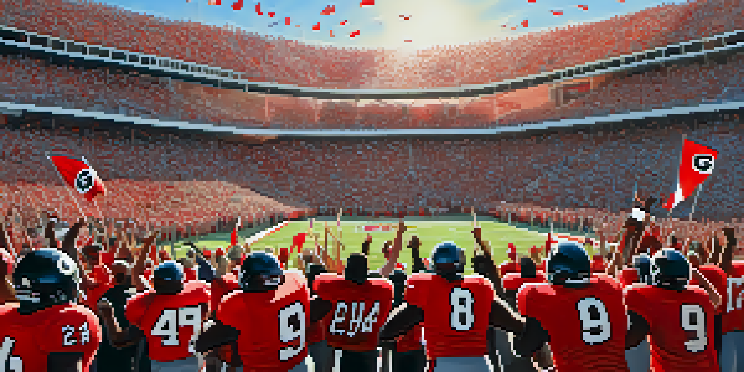 A bustling college football stadium filled with enthusiastic fans in red and black jerseys, celebrating a game day at the University of Georgia.