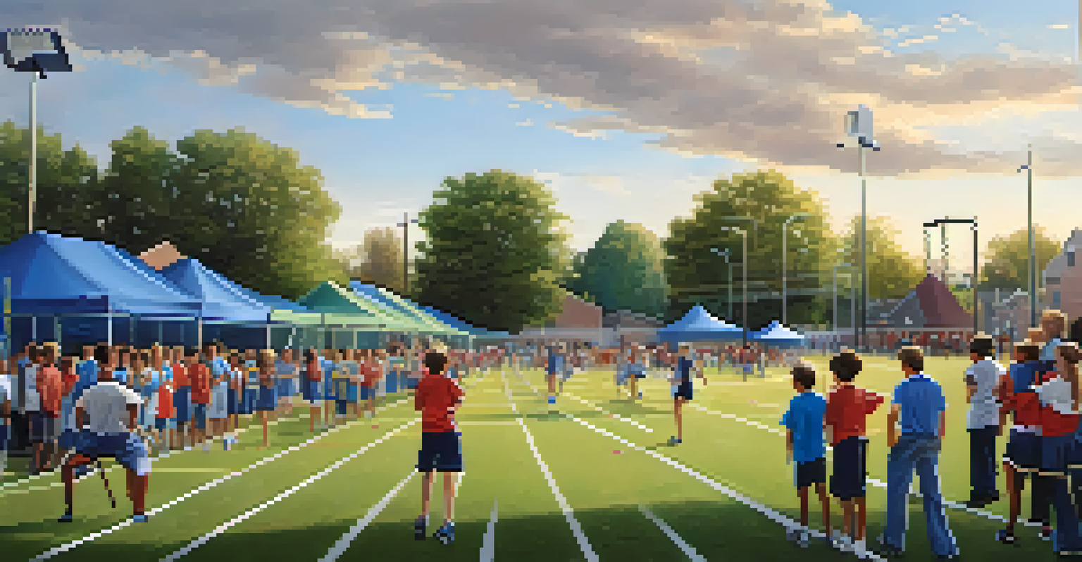 A community sports event with families and students participating in various activities, showcasing community support and local business involvement.
