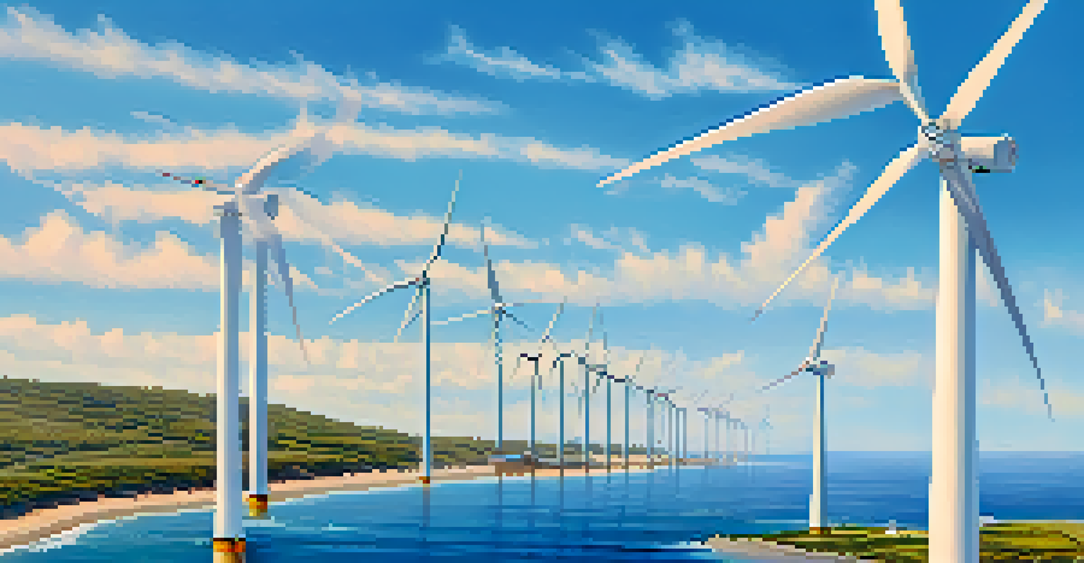 Aerial view of wind turbines along the Georgia coast with blue skies and the Atlantic Ocean.