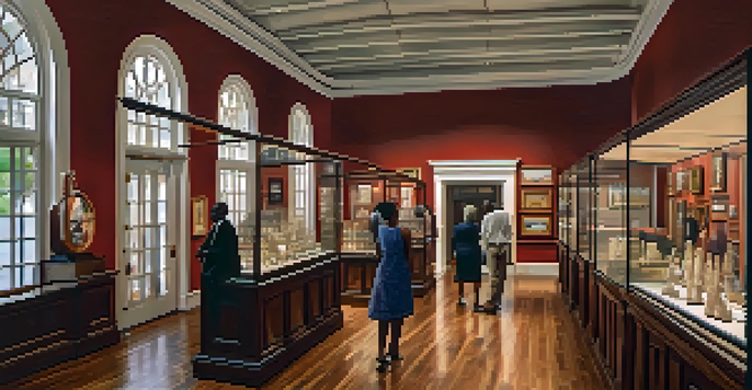 An interior view of the Old Slave Mart Museum with exhibits and visitors engaging with historical artifacts.