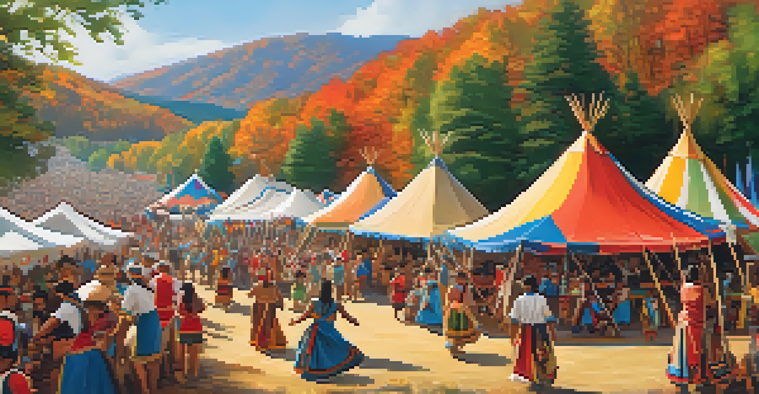 A vibrant festival scene showcasing Native American culture with dancing, tents, and colorful decorations in a natural setting.