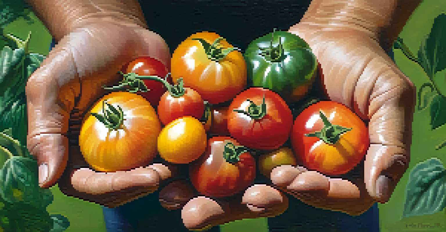 Close-up of a farmer's hands holding heirloom tomatoes with a blurred green garden in the background.