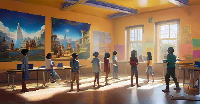 Students in a classroom wearing VR headsets, engaged in a virtual ancient civilization experience with sunlight streaming through windows.