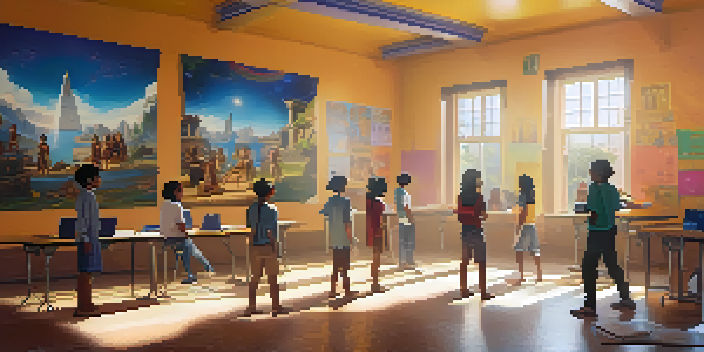 Students in a classroom wearing VR headsets, engaged in a virtual ancient civilization experience with sunlight streaming through windows.