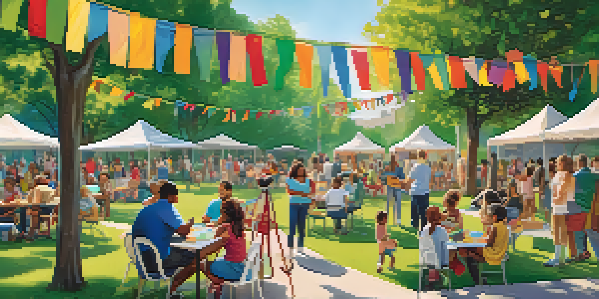 A lively community gathering in a park with diverse residents participating in activities, surrounded by greenery and colorful banners under a sunny sky.