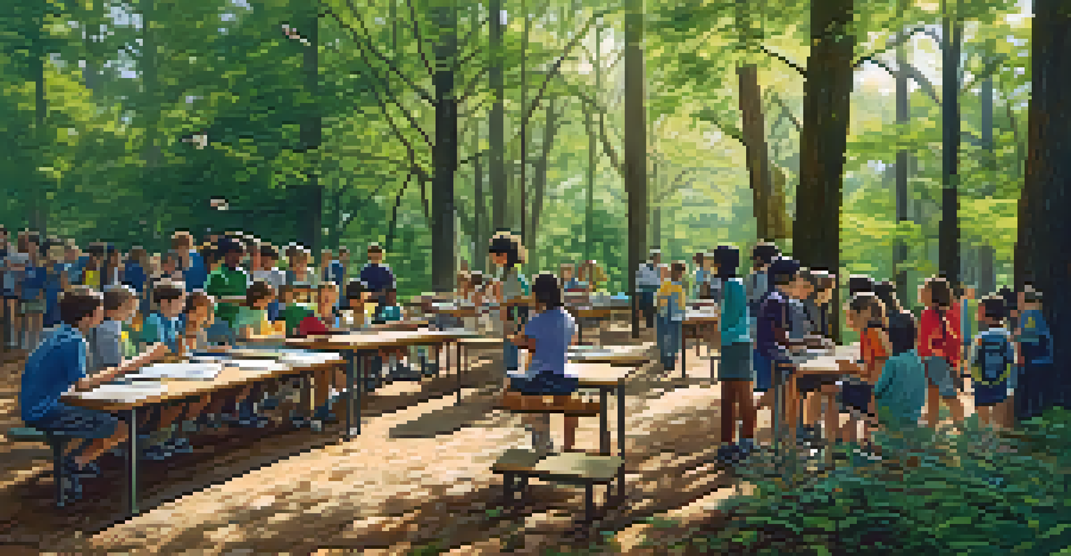 Students participating in a nature walk, observing birds and taking notes in a lush forest with dappled sunlight.