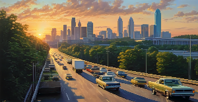 A busy highway in Georgia at sunset, with vehicles and the Atlanta skyline in the background.