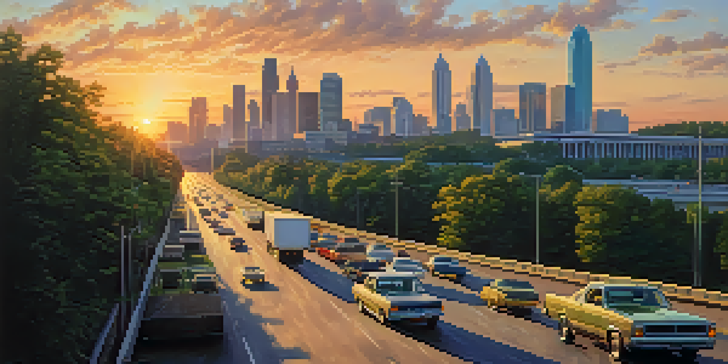 A busy highway in Georgia at sunset, with vehicles and the Atlanta skyline in the background.