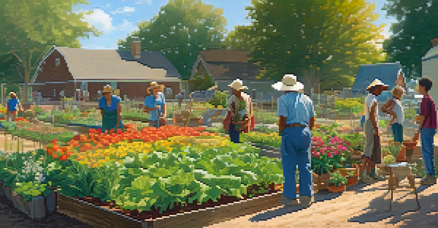 Residents tending to a community garden in Georgia, surrounded by a variety of colorful plants and flowers under a clear blue sky.