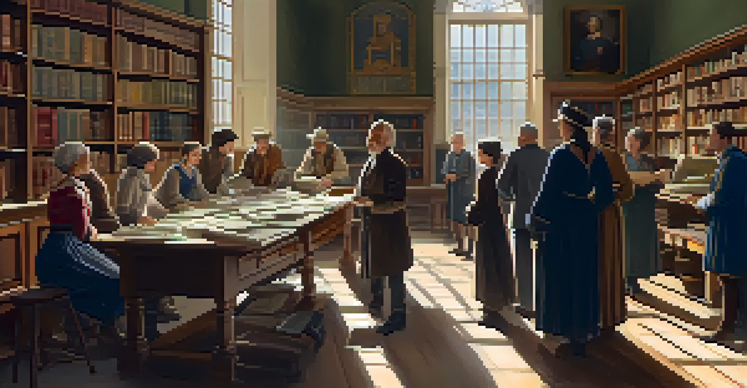 An educational workshop featuring a facilitator and participants around a table with historical artifacts and documents in a sunlit room.
