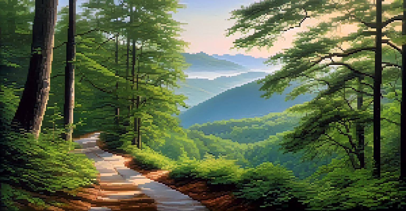 A peaceful landscape of the Blue Ridge Mountains in Georgia with a winding trail and morning mist over the lush forests.
