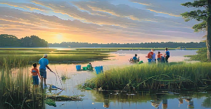 A group of diverse community members cleaning a coastal marsh in Georgia during sunset, with colorful reflections on the water and lush greenery in the background.