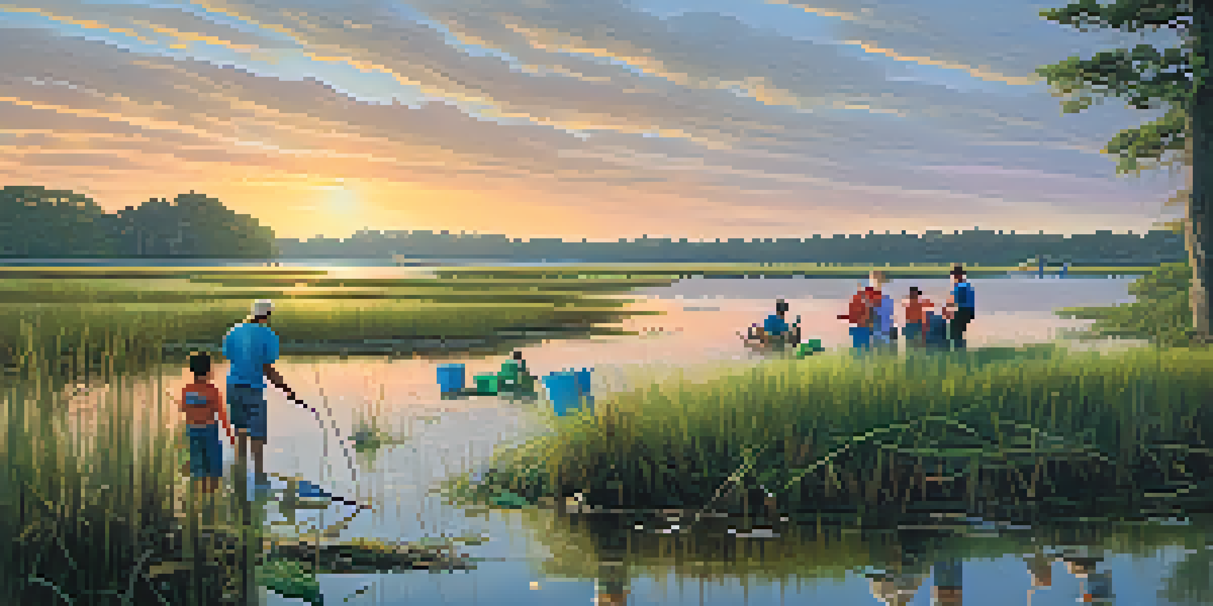 A group of diverse community members cleaning a coastal marsh in Georgia during sunset, with colorful reflections on the water and lush greenery in the background.