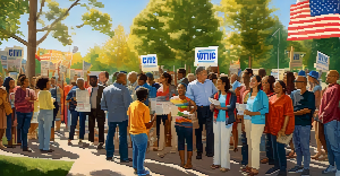 A diverse group of voters participating in a community voting event under sunlight, surrounded by colorful banners.