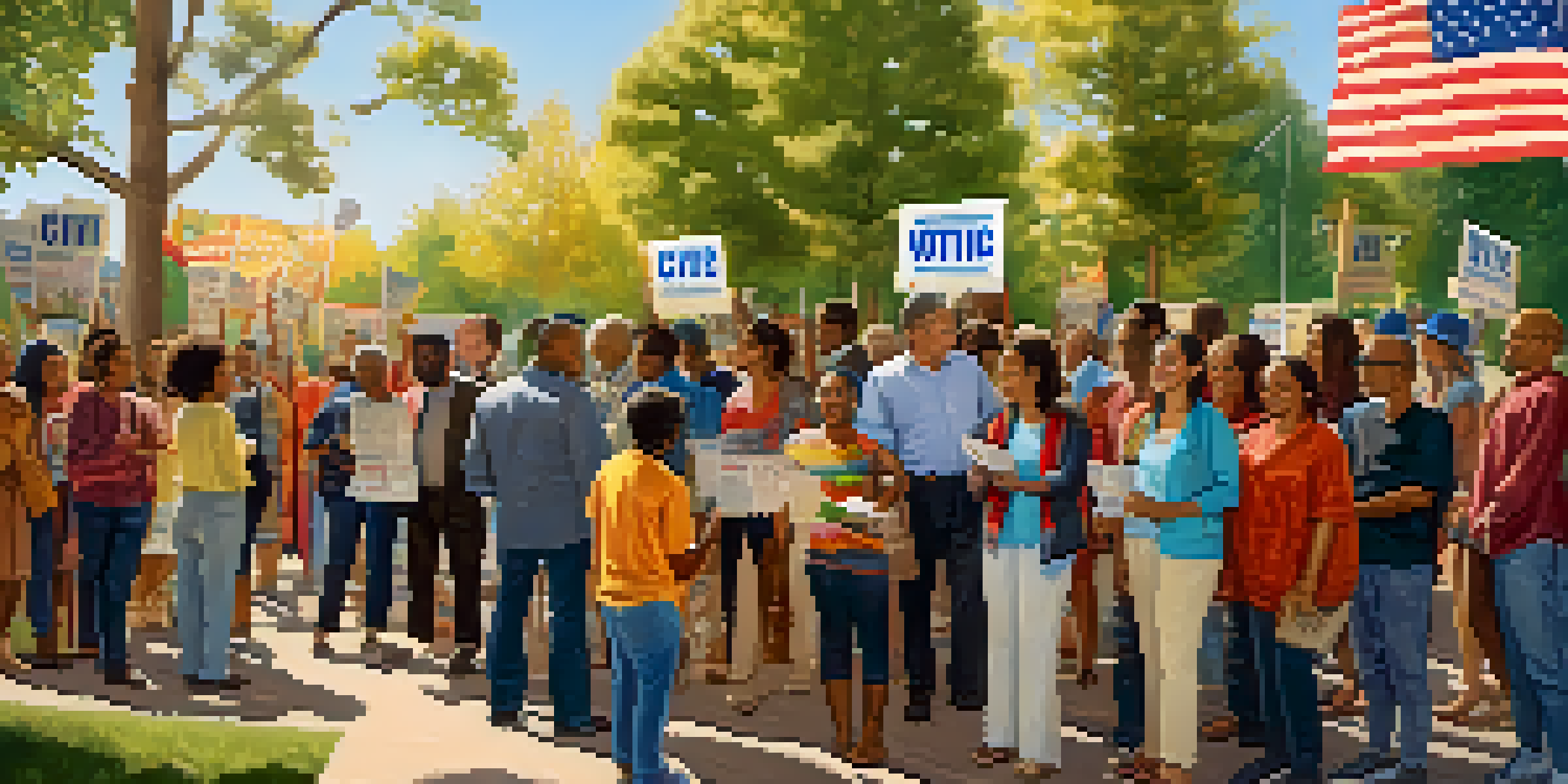 A diverse group of voters participating in a community voting event under sunlight, surrounded by colorful banners.