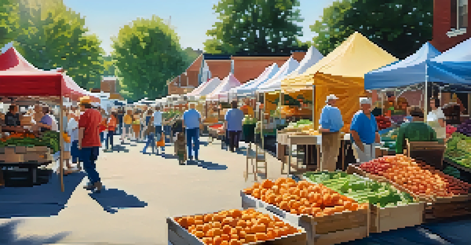 A lively farmers market in Georgia with colorful stalls displaying fresh produce and families engaging with local farmers.