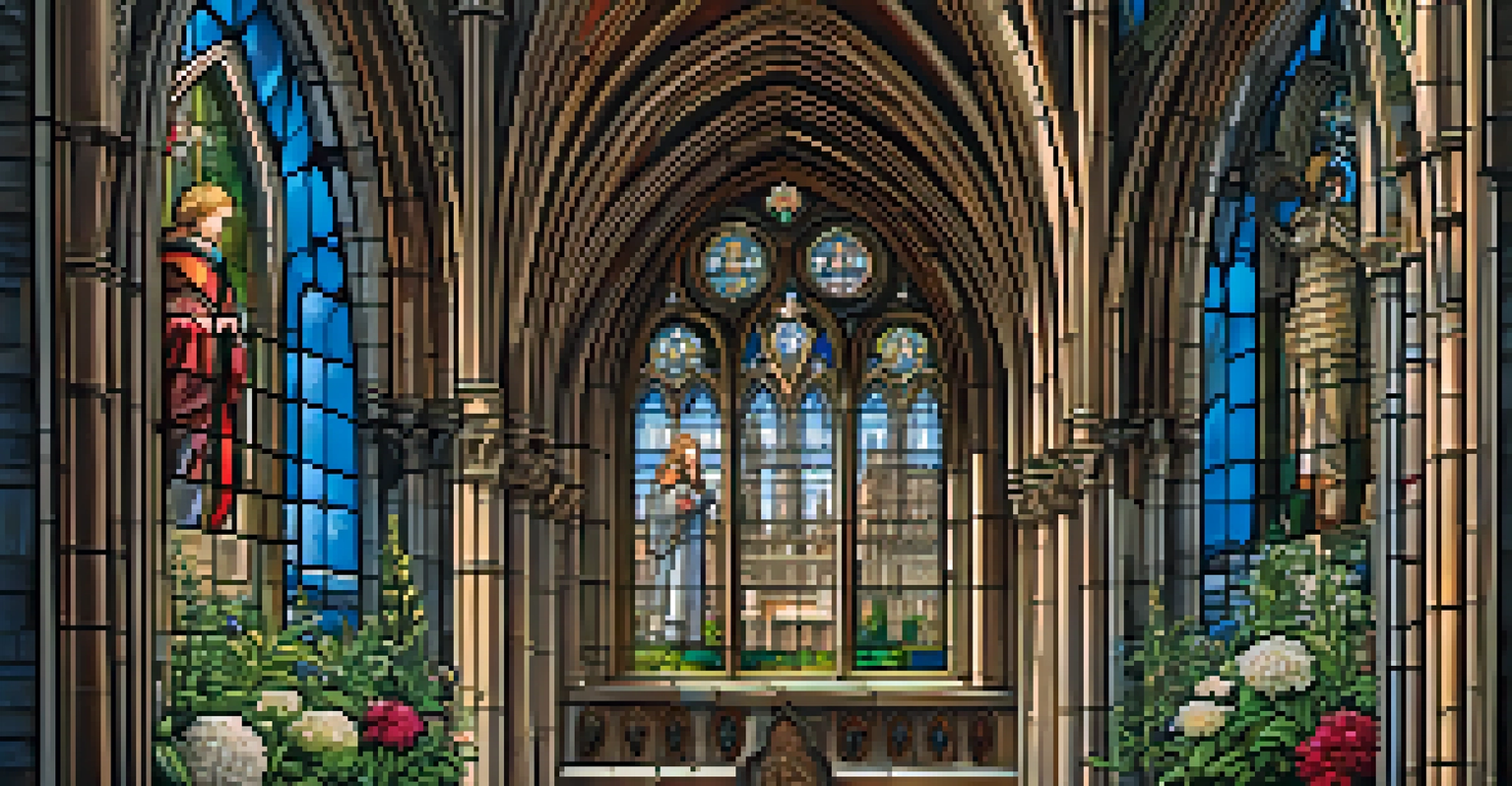 A close-up of the Cathedral of St. John the Baptist in Savannah, displaying its Gothic architecture and colorful stained-glass windows.